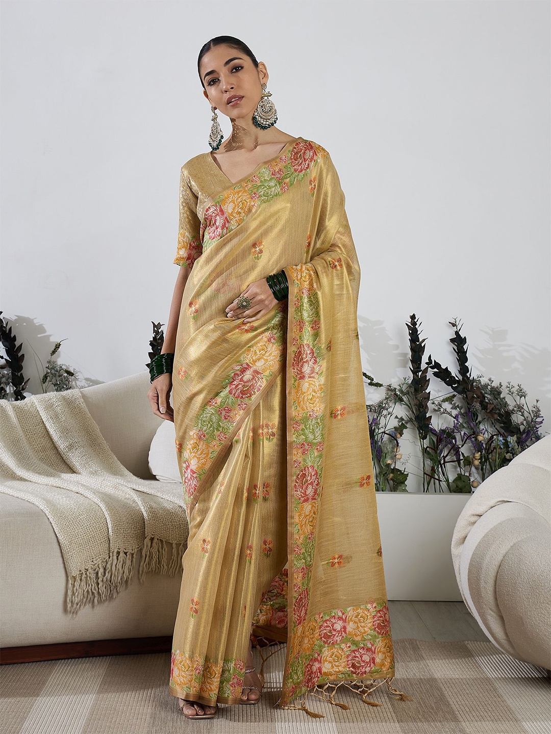 

Dori Floral Printed Tissue Banarasi Saree, Gold