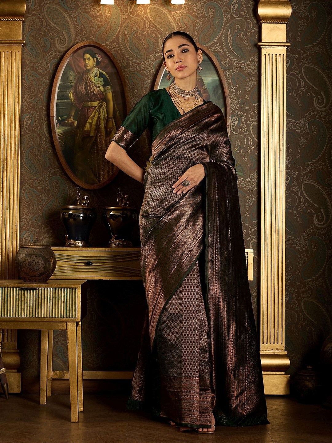 

Dori Ethnic Motifs Zari Banarasi Saree, Green