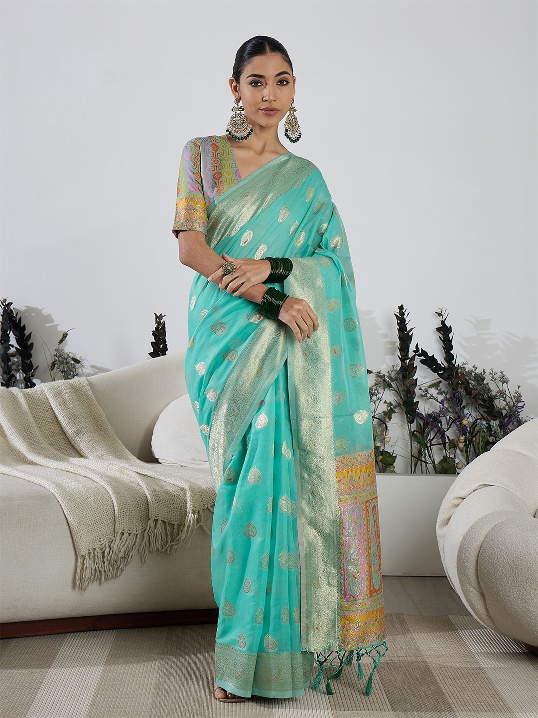 

Dori Ethnic Motifs Banarasi Zari Saree, Sea green