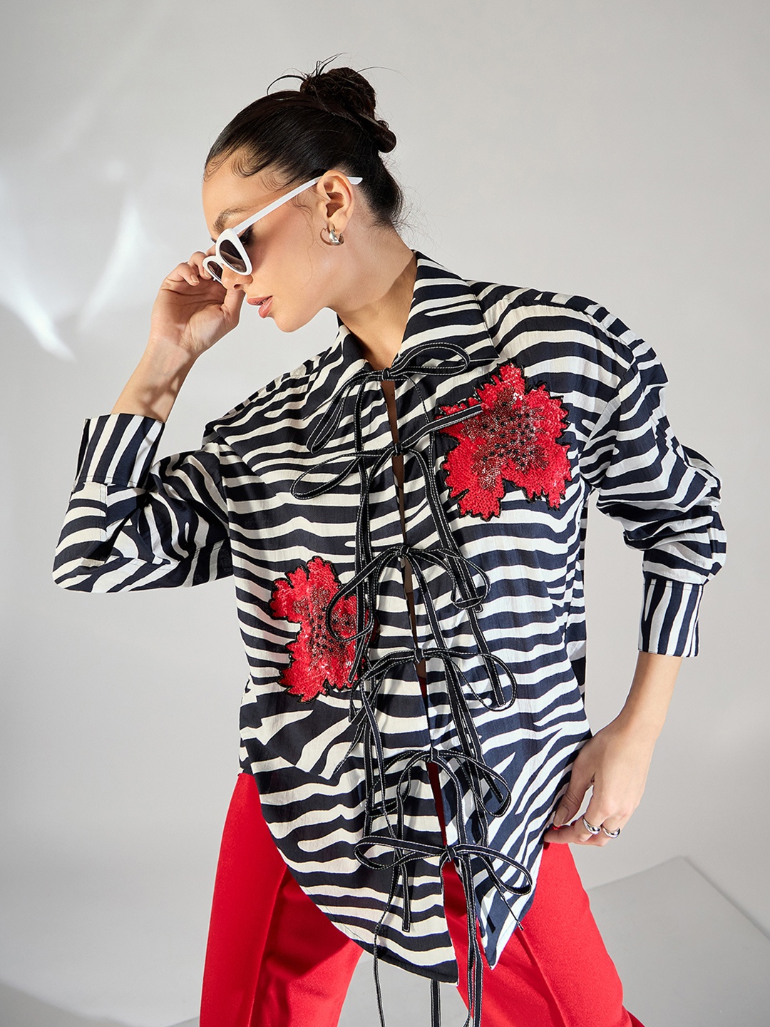 

Uptownie Printed Tie-Up Full Sleeve Sequinned Cotton Shirt style Top, Black