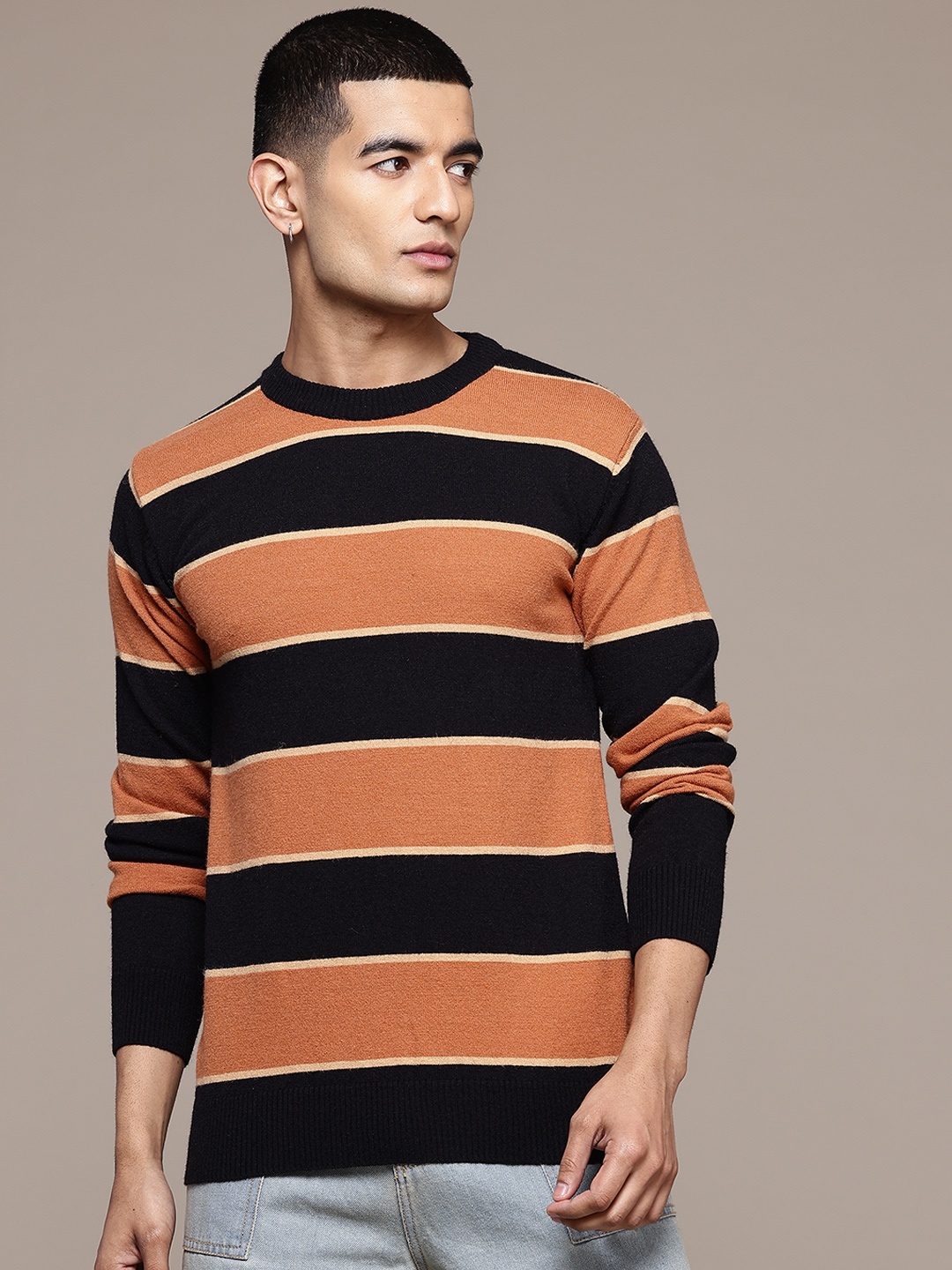 

The Roadster Lifestyle Co. Striped Woollen Pullover, Black