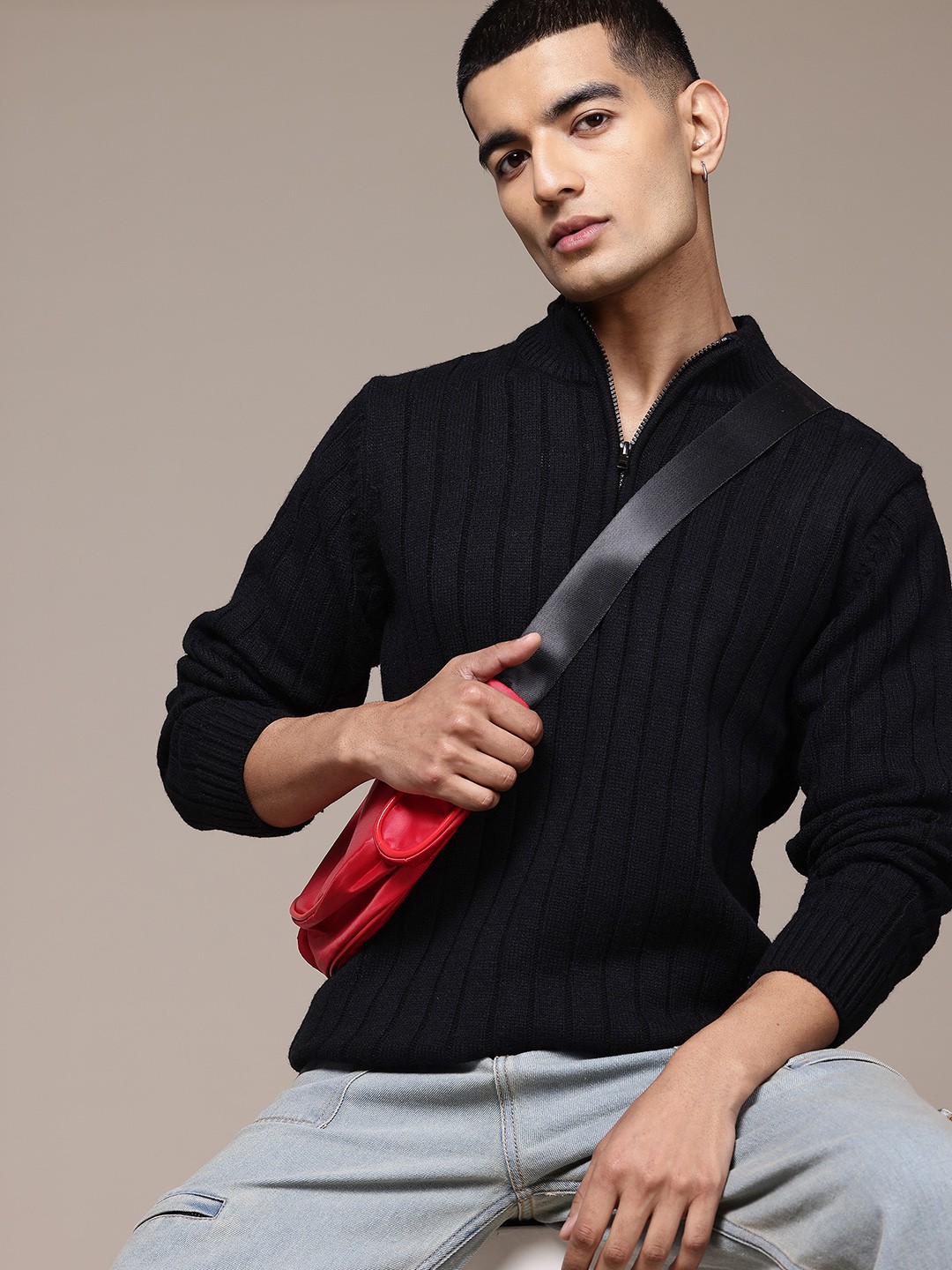 

The Roadster Lifestyle Co. Striped Self Design Woollen Pullover, Black
