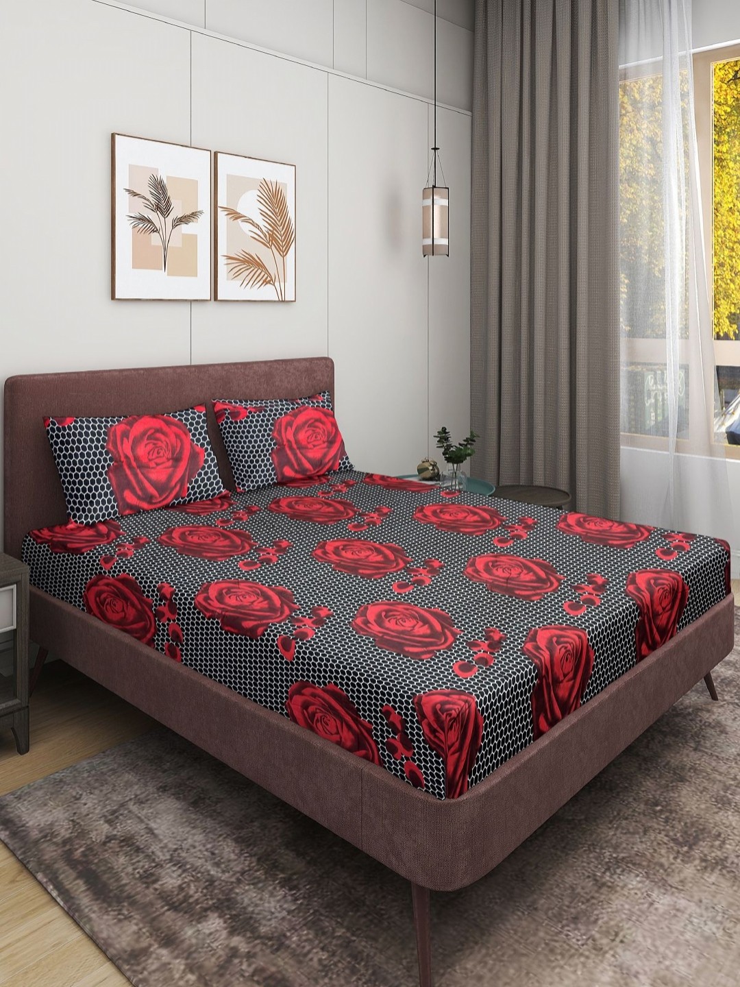 

Aura Black & Red Floral Printed Microfiber 160 TC Queen Bedsheet Set 2.24 m x 2.24 m