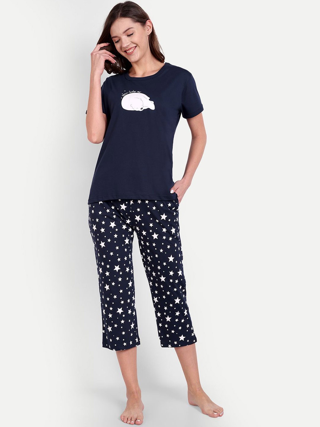 

Bedtime story Women Printed Pure Cotton Night suit, Navy blue