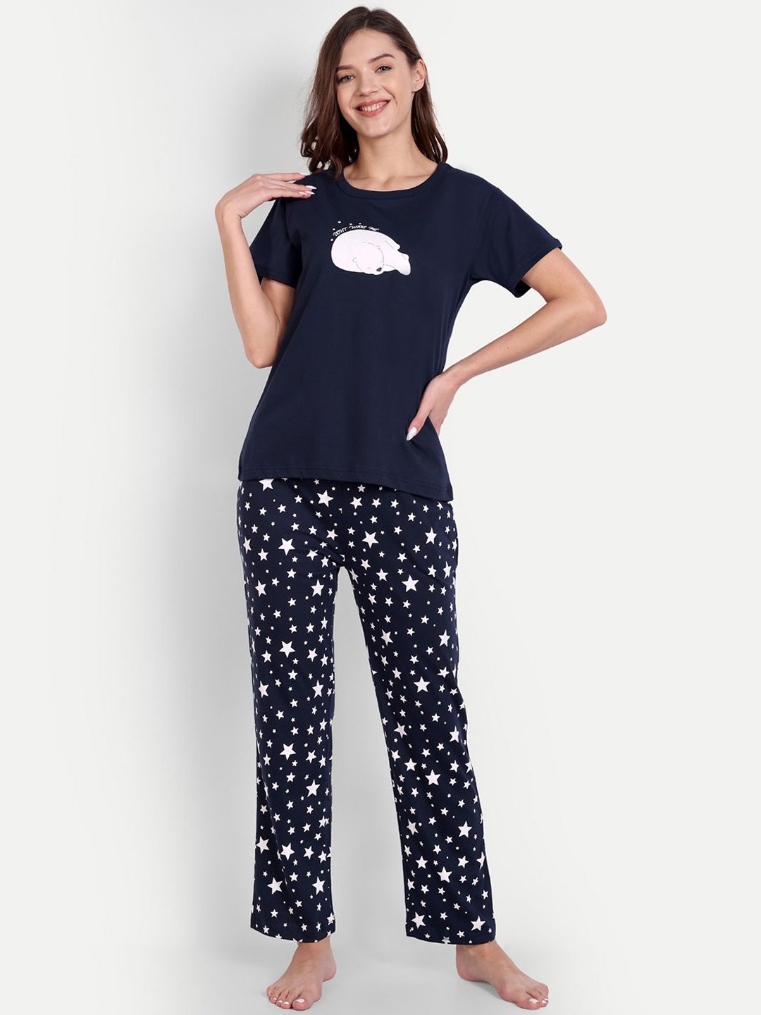 

Bedtime story Women Graphic Printed Night suit, Navy blue