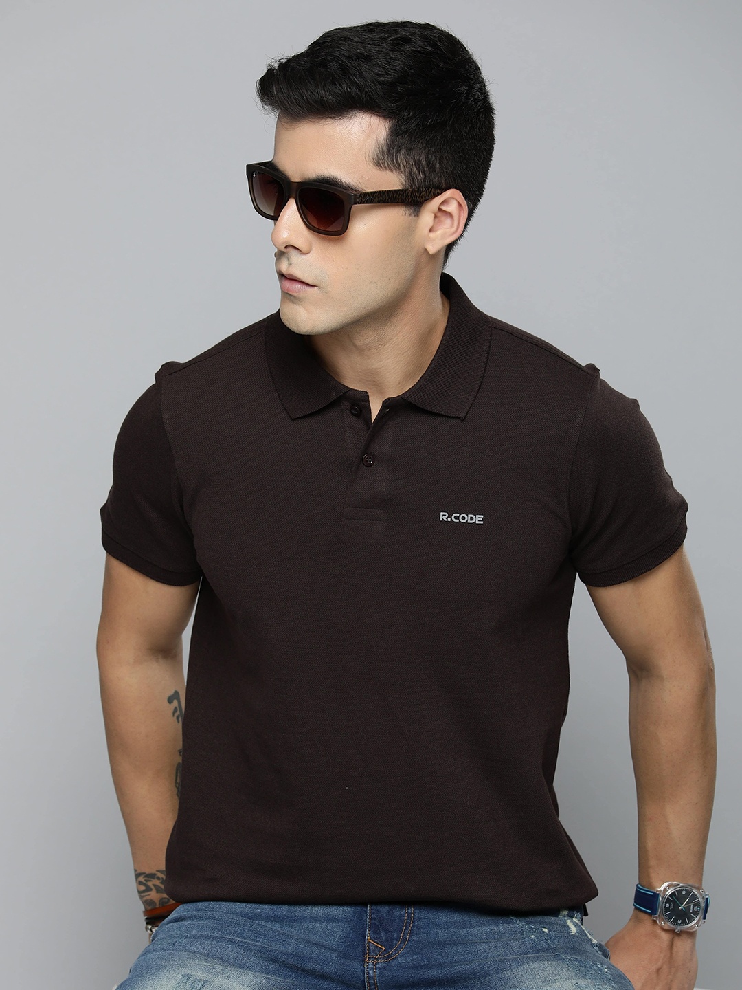 

R.Code by The Roadster Life Co. Men Solid Polo Collar Cotton T-shirt, Burgundy