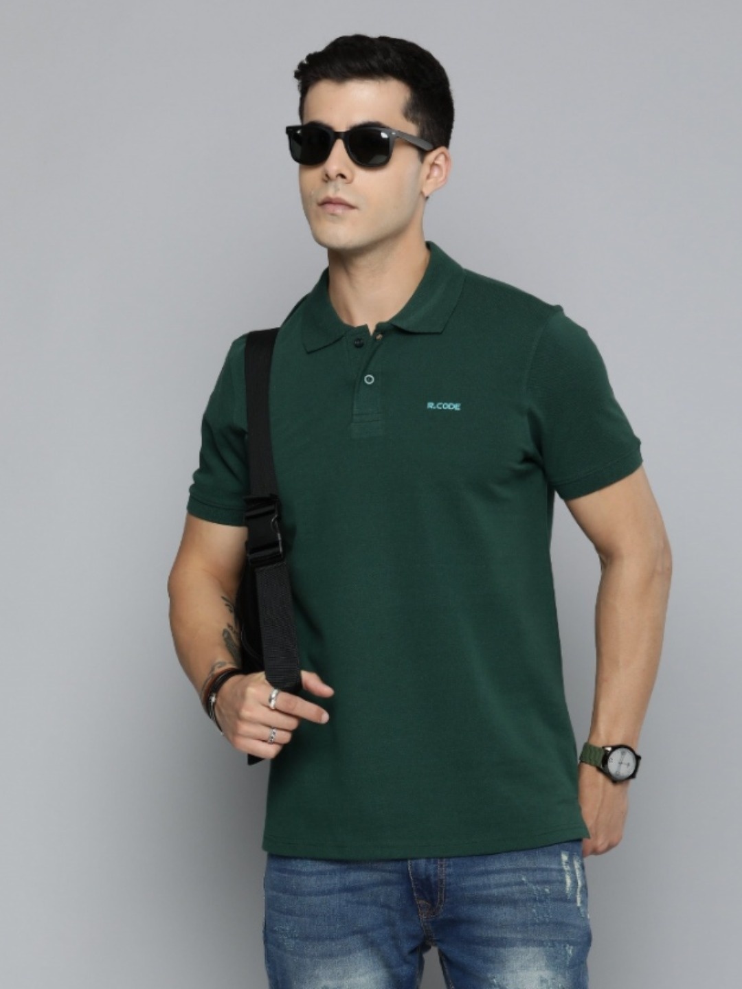 

R.Code by The Roadster Life Co. Men Solid Polo Collar Cotton T-shirt, Teal