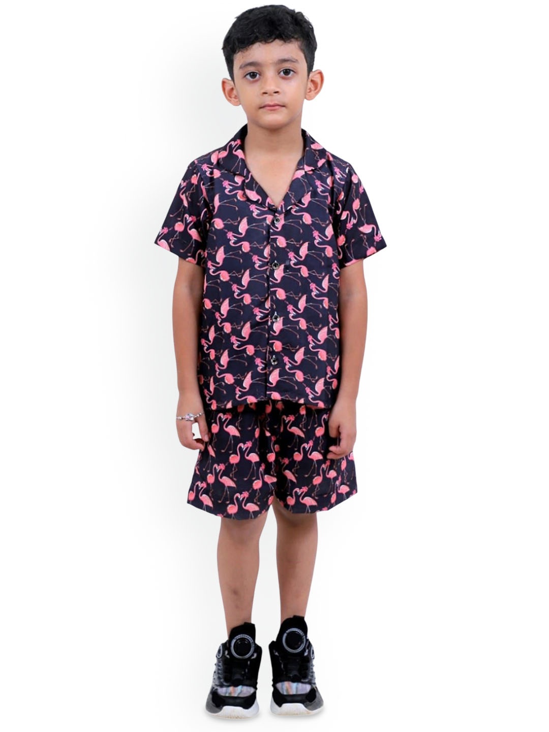 

TILISM Boys Printed Shirt Collar Short Sleeves Pure Cotton Shirt With Shorts, Black