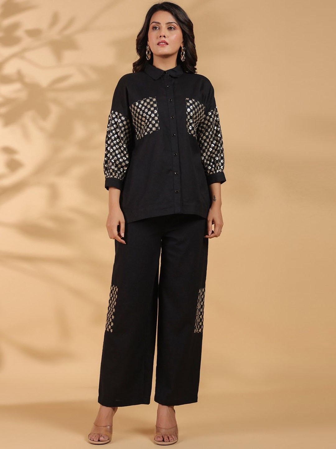 

AUTUMN LANE Embellished Shirt Collar Three-Quarter Sleeves Top With Palazzo, Black