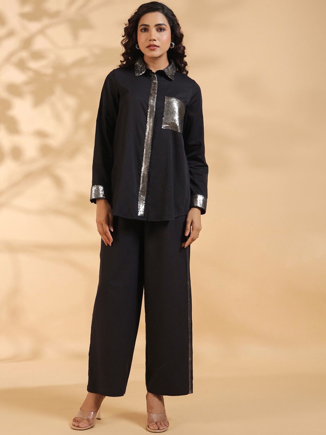 

AUTUMN LANE Embellished Shirt Collar Long Sleeves Top With Trouser, Black