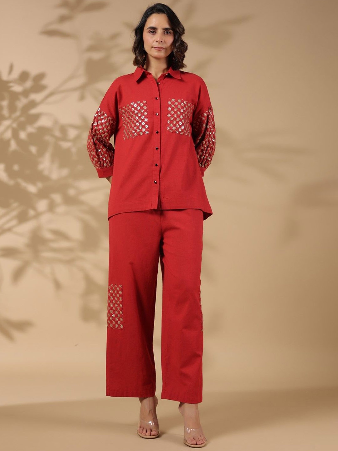 

AUTUMN LANE Embroidered Shirt Collar Three-Quarter Sleeves Top With Trouser, Red