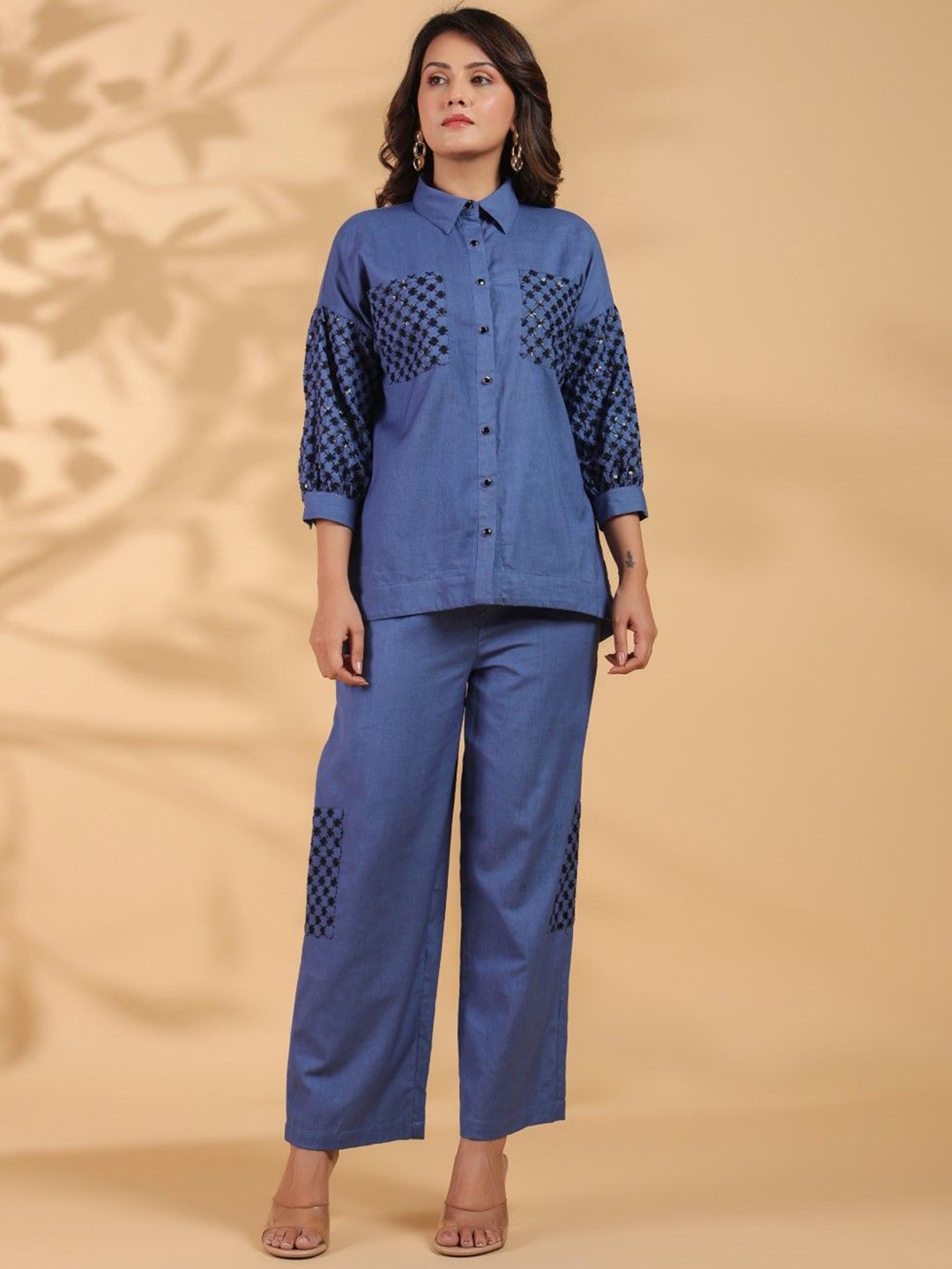 

AUTUMN LANE Embroidered Shirt Collar Three-Quarter Sleeves Top With Trouser, Blue