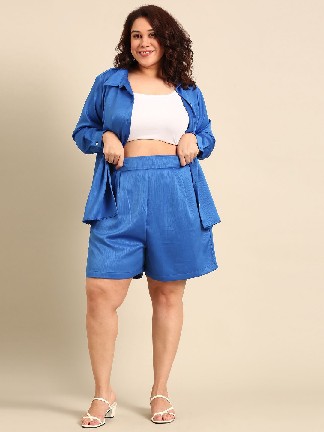 

The Pink Moon Women Cuban Collar Solid Satin Oversized Semiformal Shirt, Blue