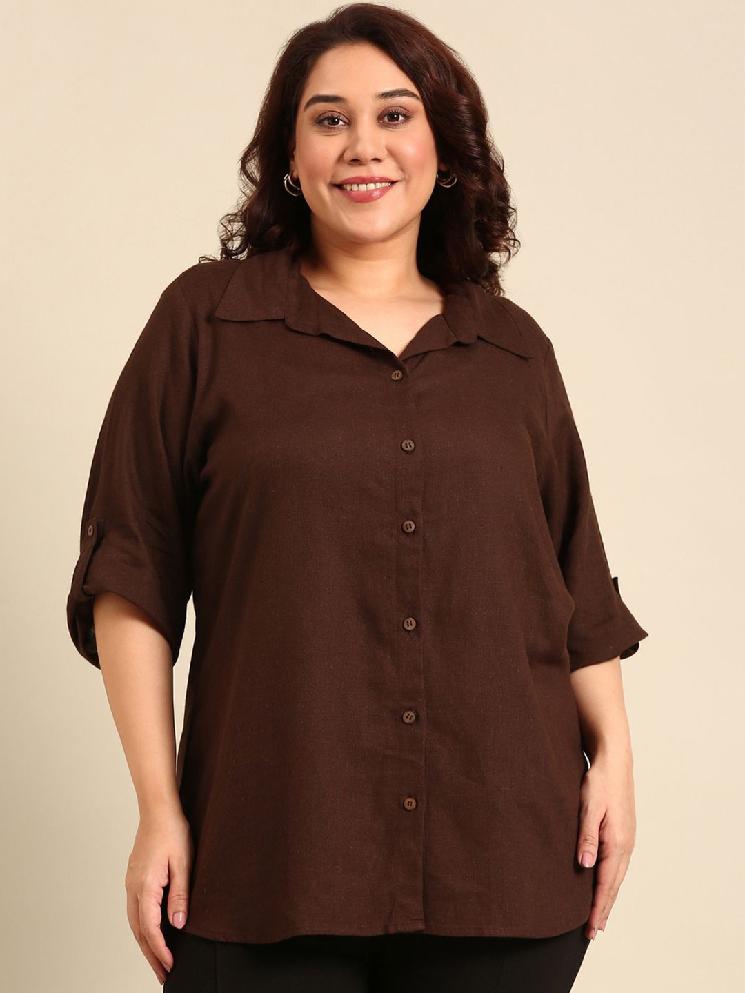 

The Pink Moon Women Cuban Collar Solid Linen Oversized Semiformal Shirt, Brown
