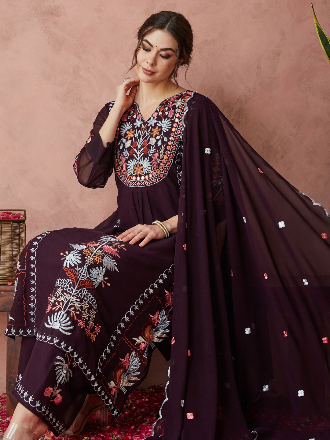 

KAVINDI Floral Embroidered Mirror Work Pure Georgette Kurta with Palazzos & Dupatta, Burgundy