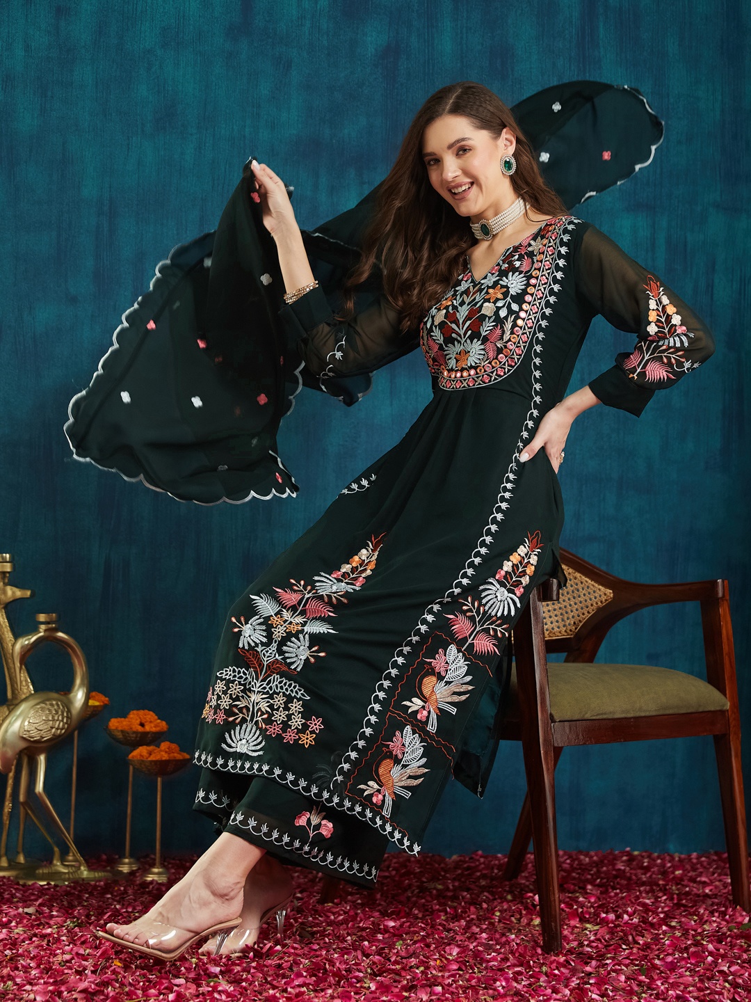 KAVINDI Floral Embroidered Mirror Work Pure Georgette Kurta with Palazzos & Dupatta, Green