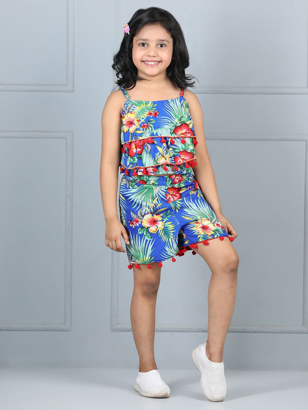 Cutiekins Girls Floral Printed Shoulder Straps Top With Shorts, Blue