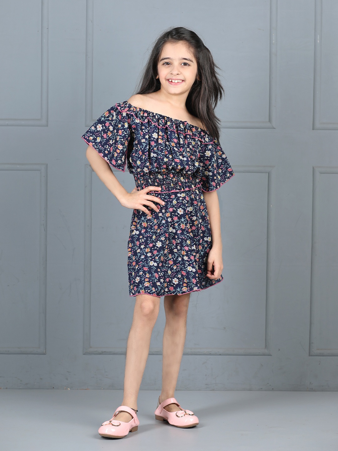 

Cutiekins Girls Floral Printed Off-Shoulder Top With Skirt, Navy blue
