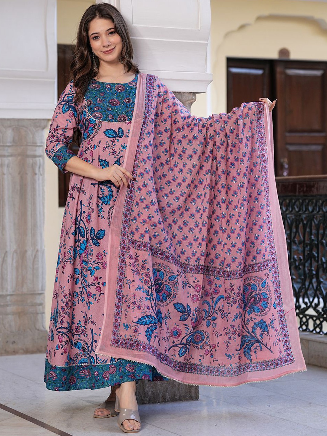 

ERISHA Floral Printed Sequinned Pure Cotton Kurta with Trousers & Dupatta, Pink