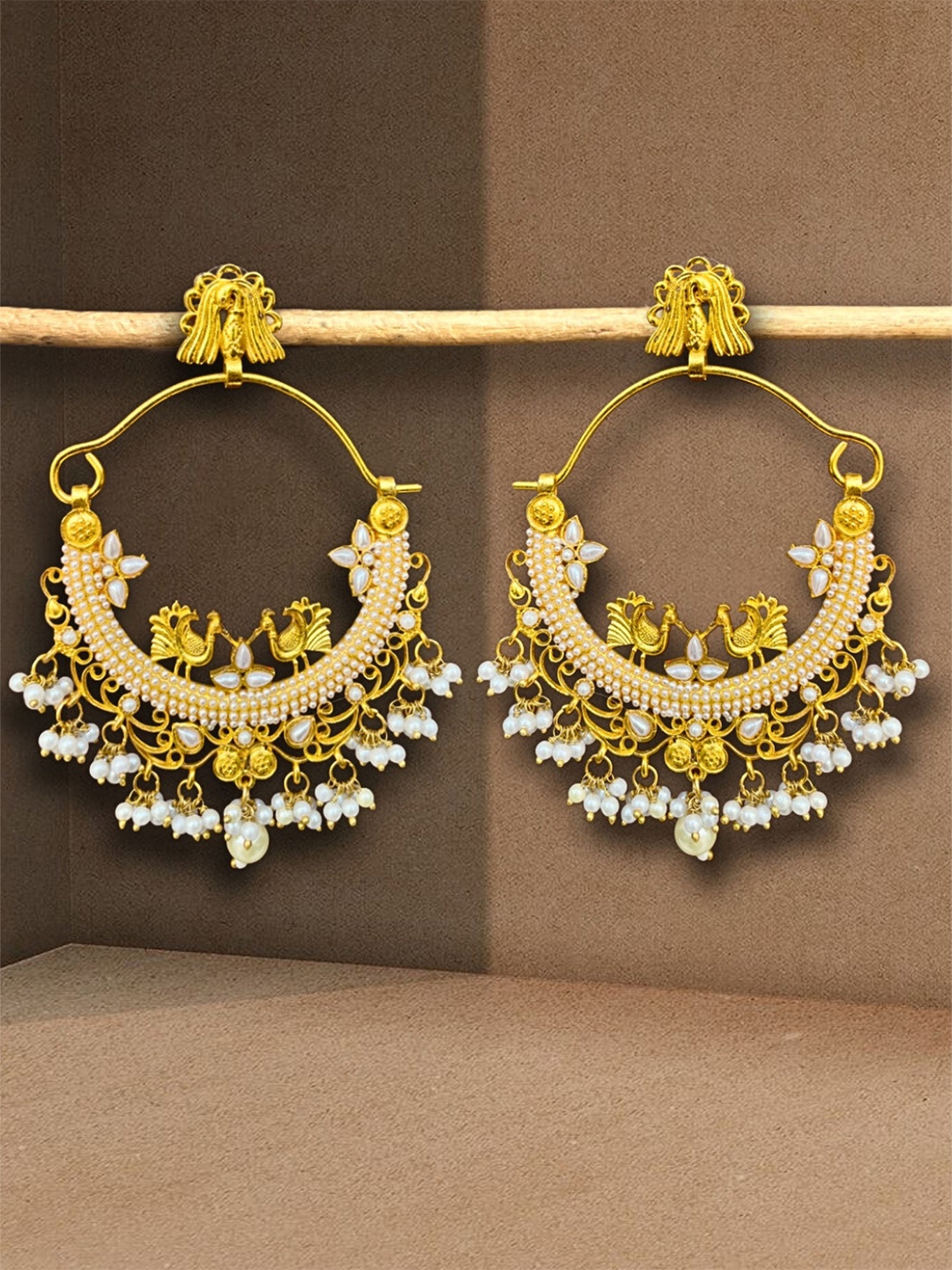 

UnfoldSelf Gold-Plated Stone Studded and Beaded Contemporary Chandbalis Earrings