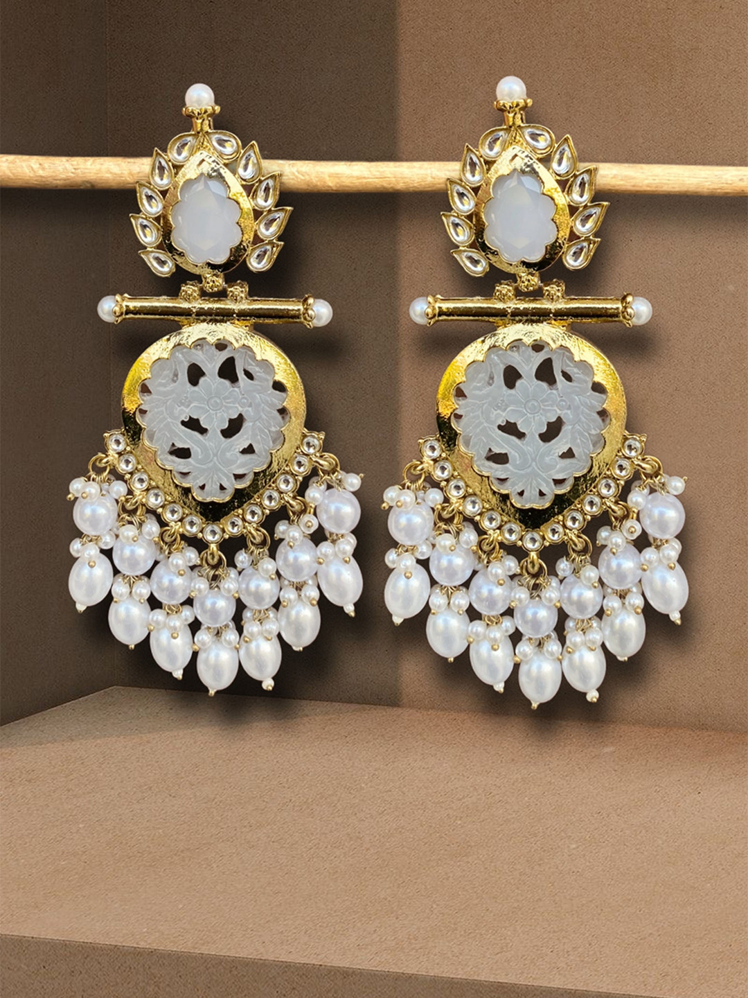 

UnfoldSelf Gold-Plated Stone Studded and Beaded Contemporary Drop Earrings