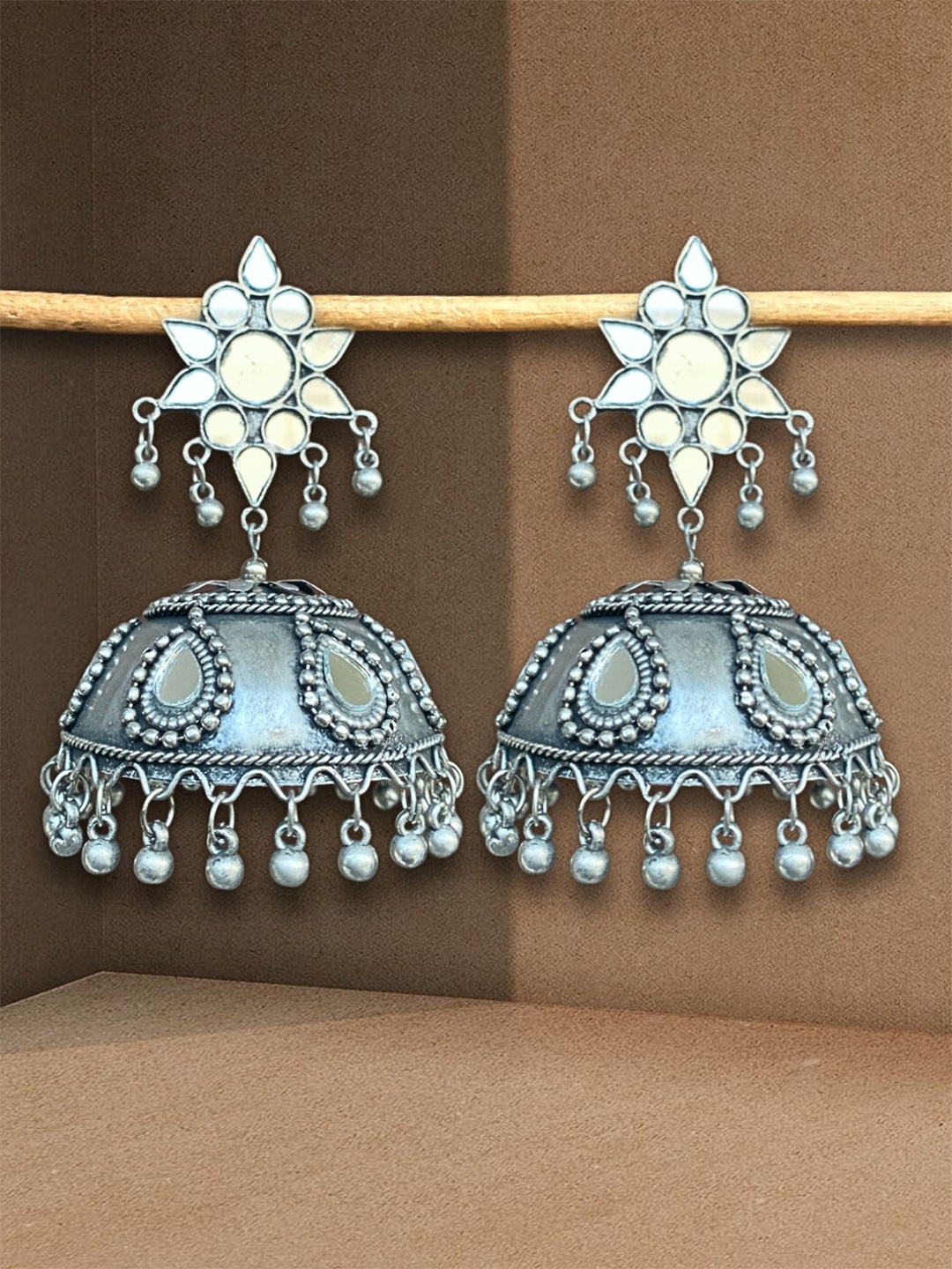 

UnfoldSelf Silver-Plated Contemporary Oxidised Mirror Jhumkas Earrings