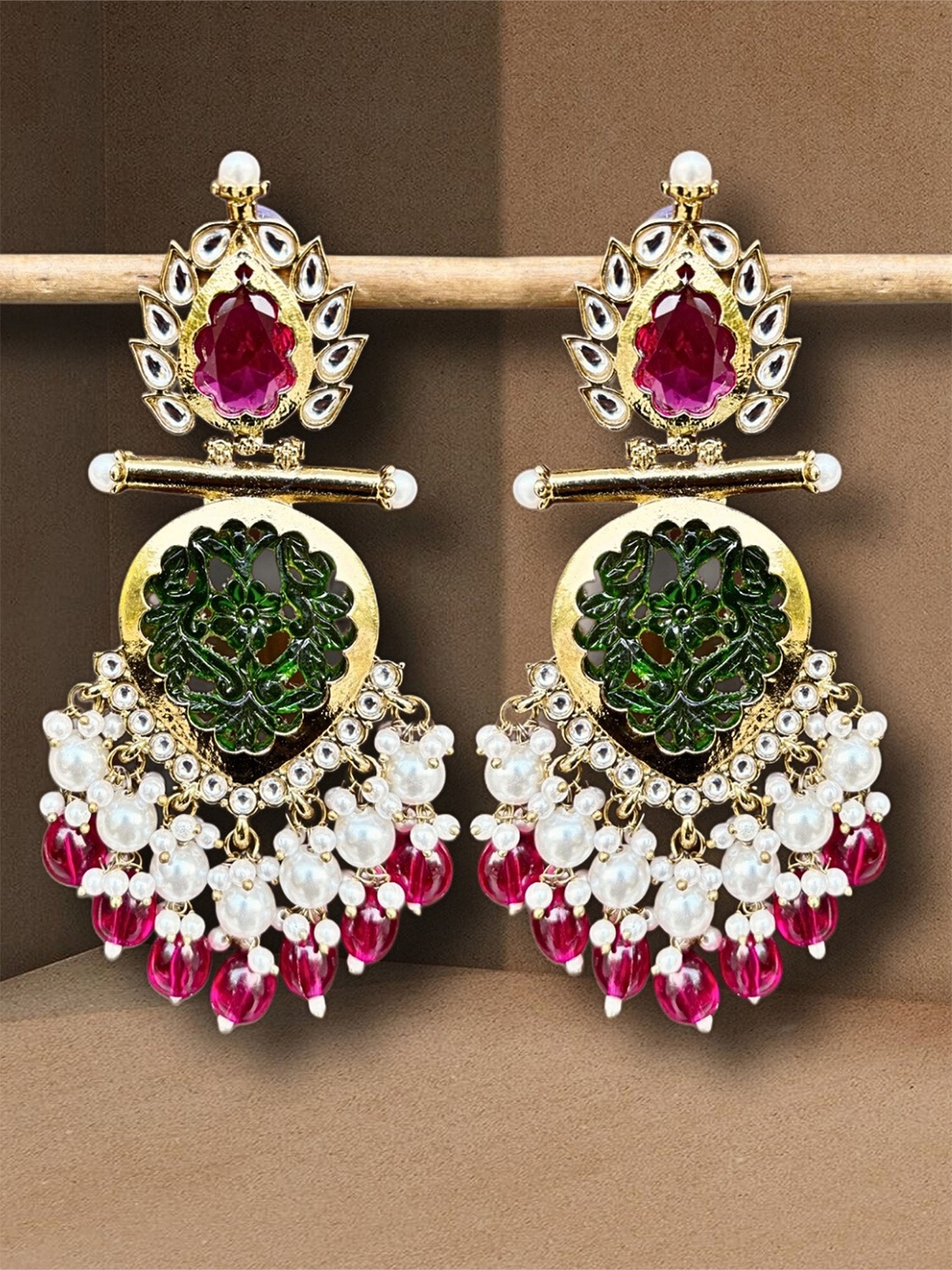 

UnfoldSelf Gold-Plated Stone Studded and Beaded Contemporary Chandbalis Earrings