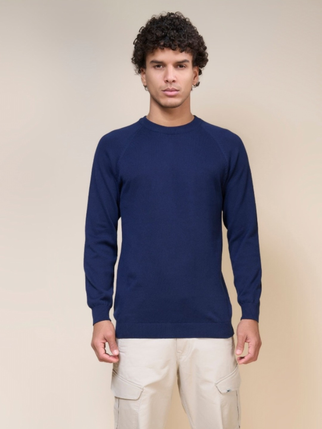 

MAXZONE Men Solid Round Neck Pullover Cotton Casual Sweatshirt, Navy blue