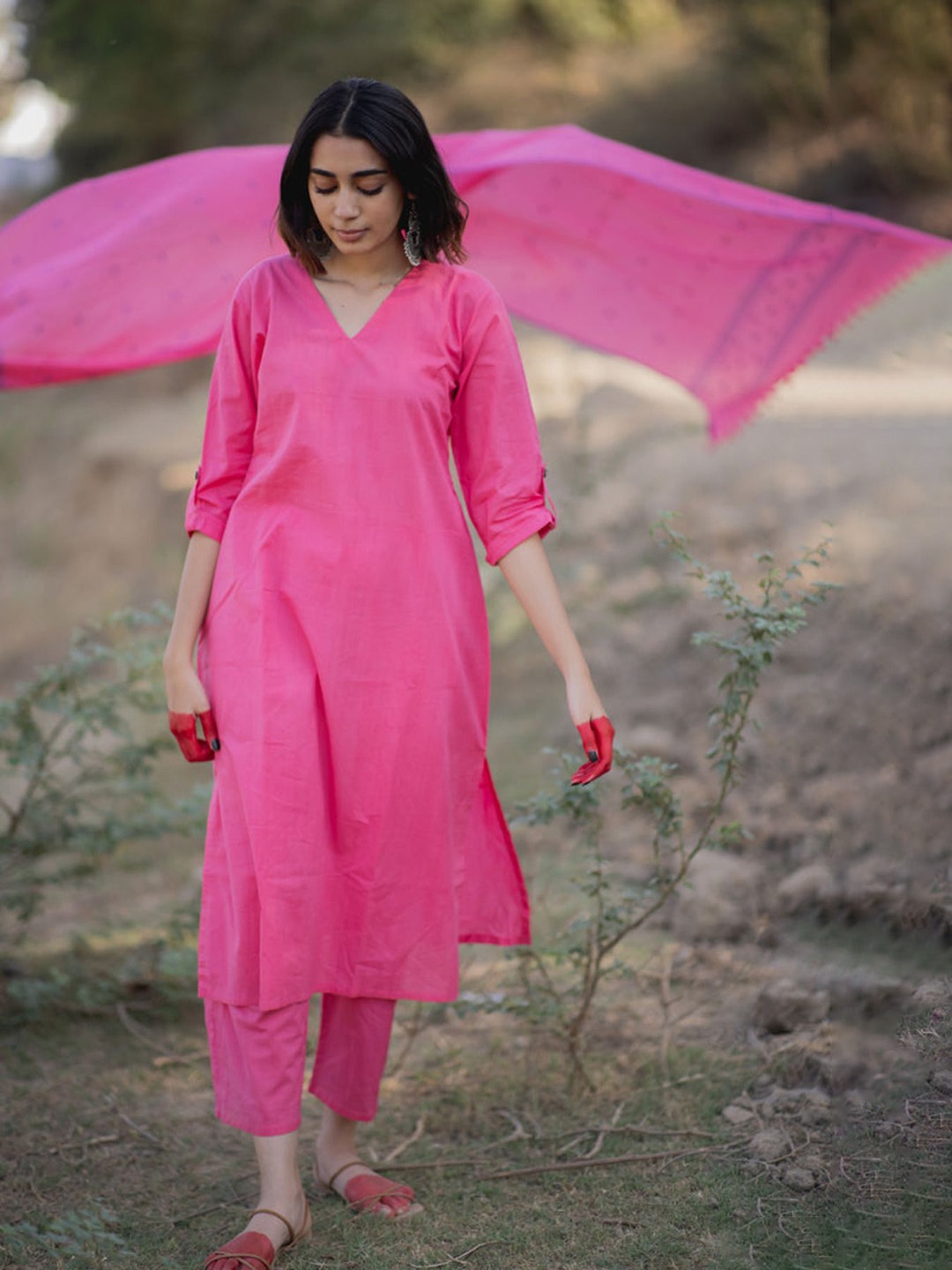 

KALINI V-Neck Straight Kurta With Trousers & Dupatta, Pink