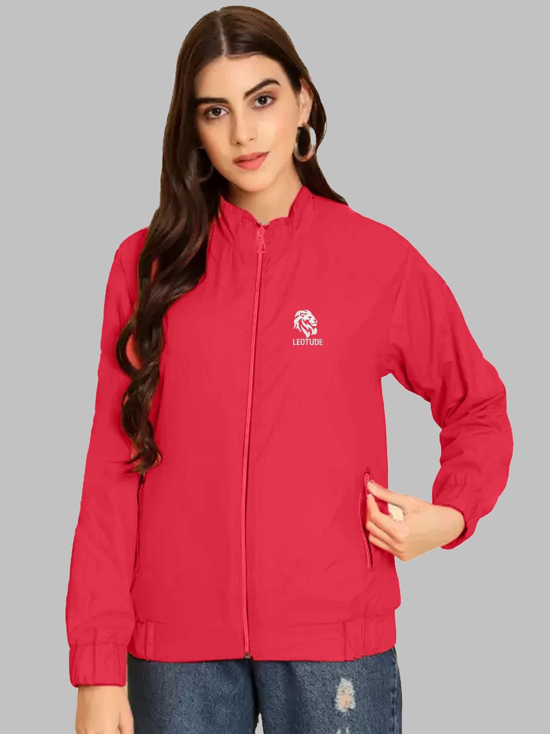 

Leotude Women Mock Collar Solid Casual Bomber Windcheater Jacket, Red