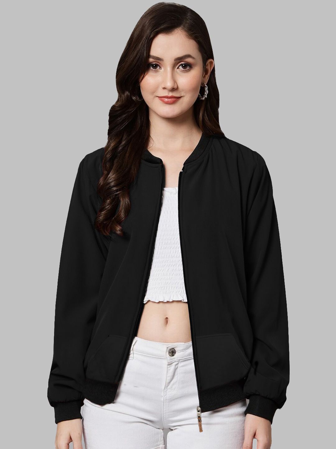 

Leotude Women Stand Collar Solid Fleece Casual Bomber Jacket, Black