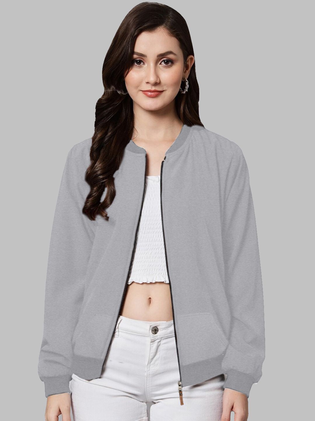 

Leotude Women Stand Collar Solid Fleece Casual Bomber Jacket, Grey