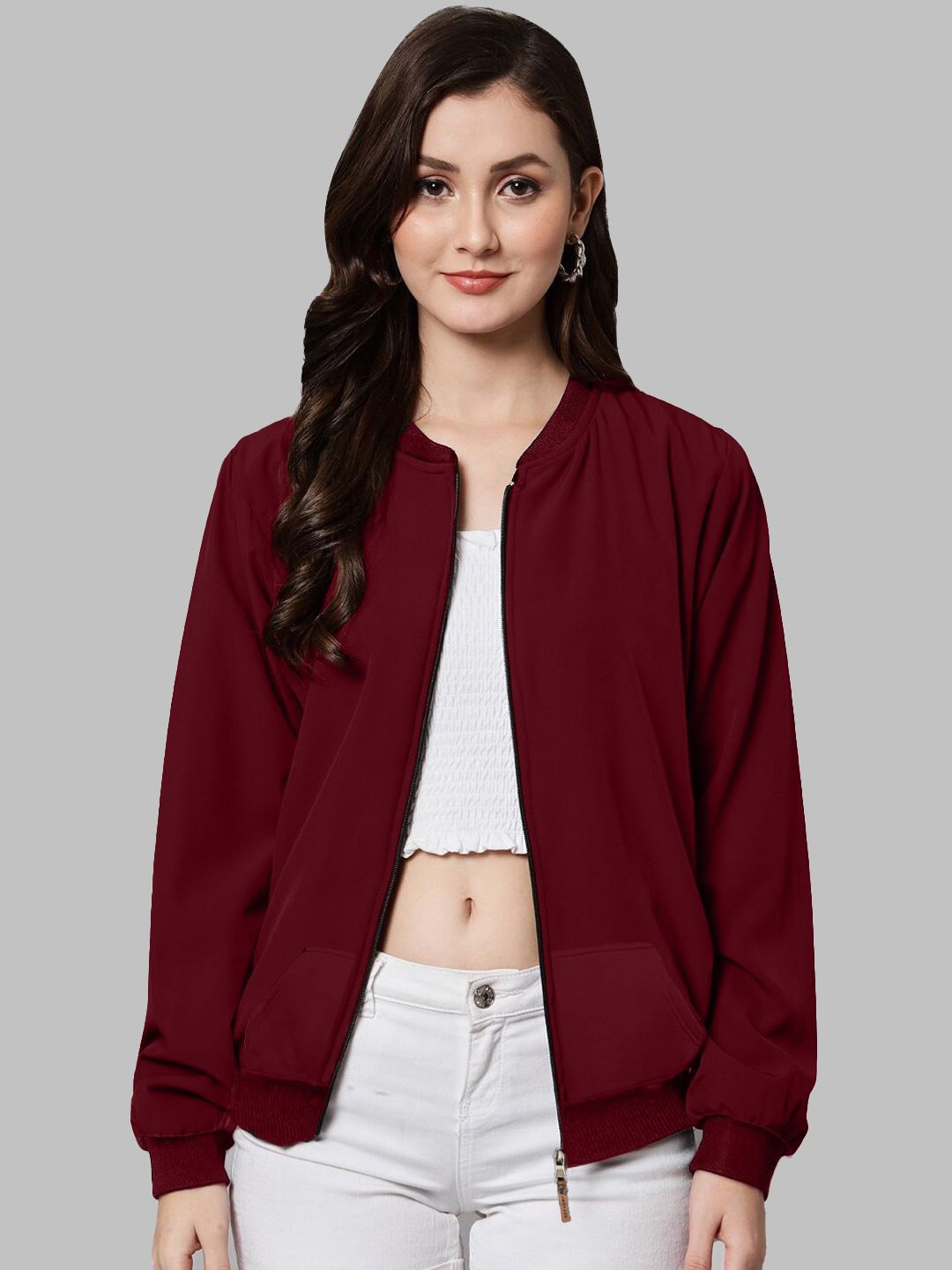 

Leotude Women Stand Collar Solid Fleece Casual Bomber Jacket, Maroon