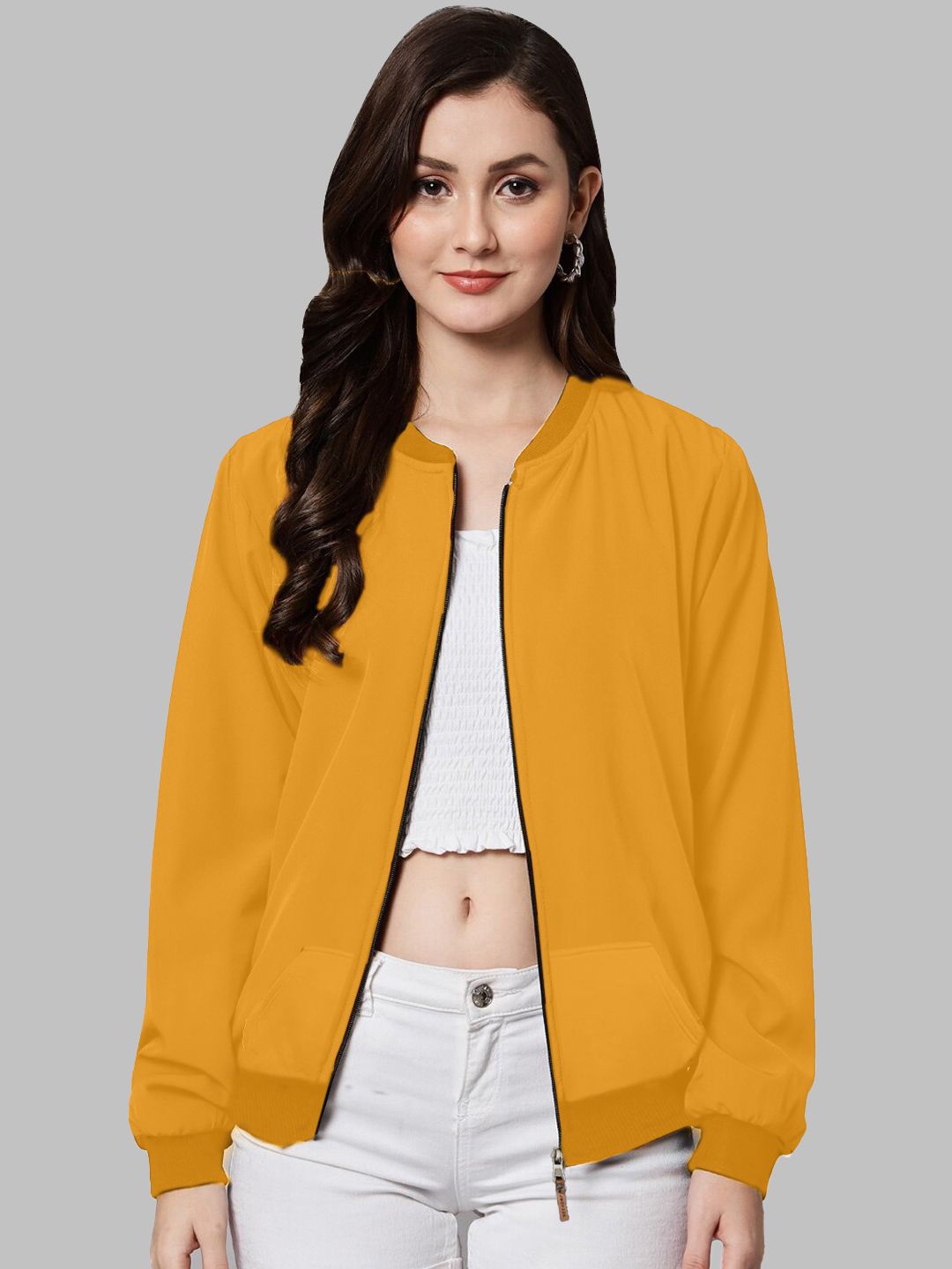 

Leotude Women Stand Collar Solid Fleece Casual Bomber Jacket, Mustard