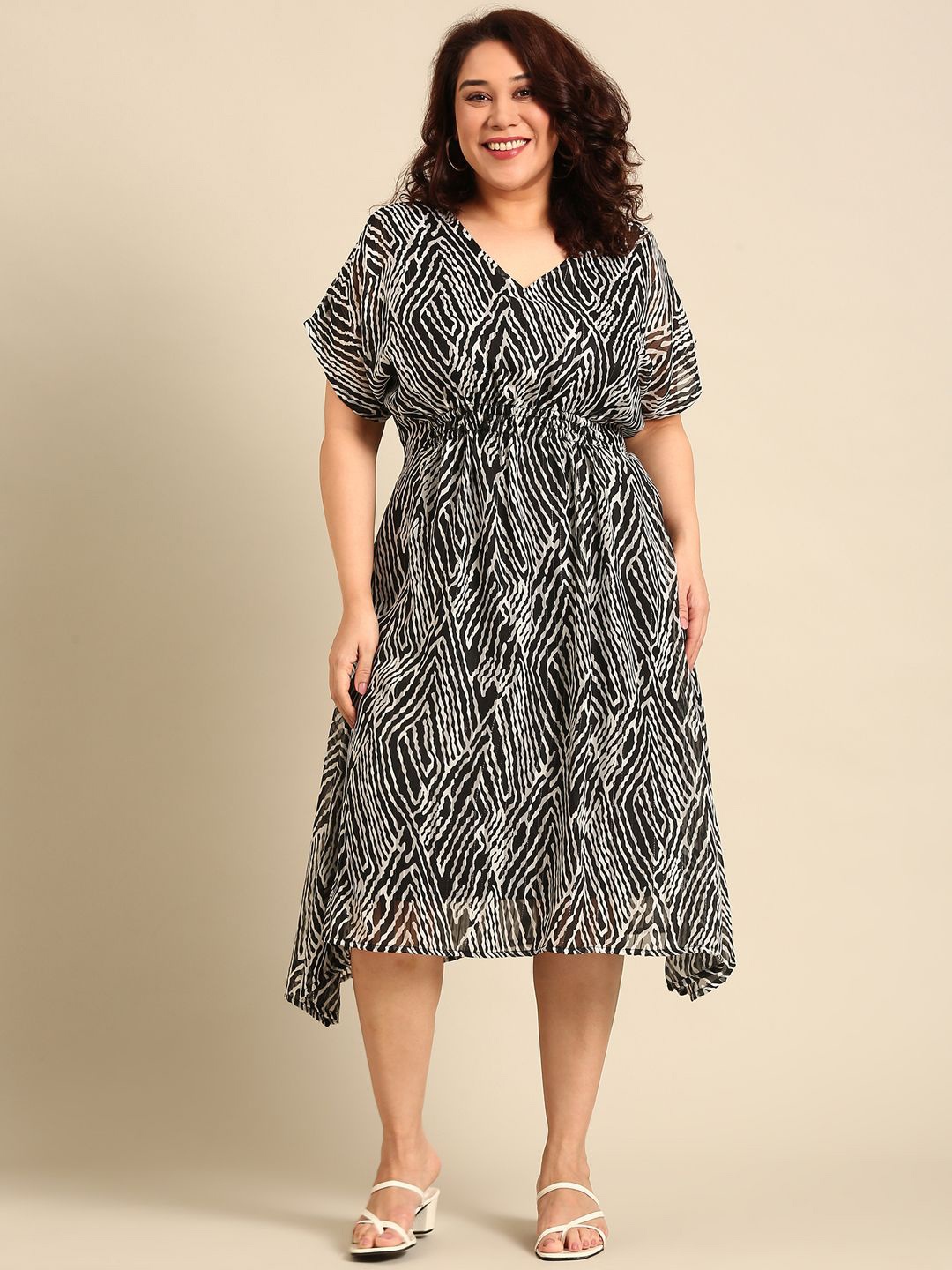 

The Pink Moon Printed Smocking Fit & Flare Midi Dress, Black