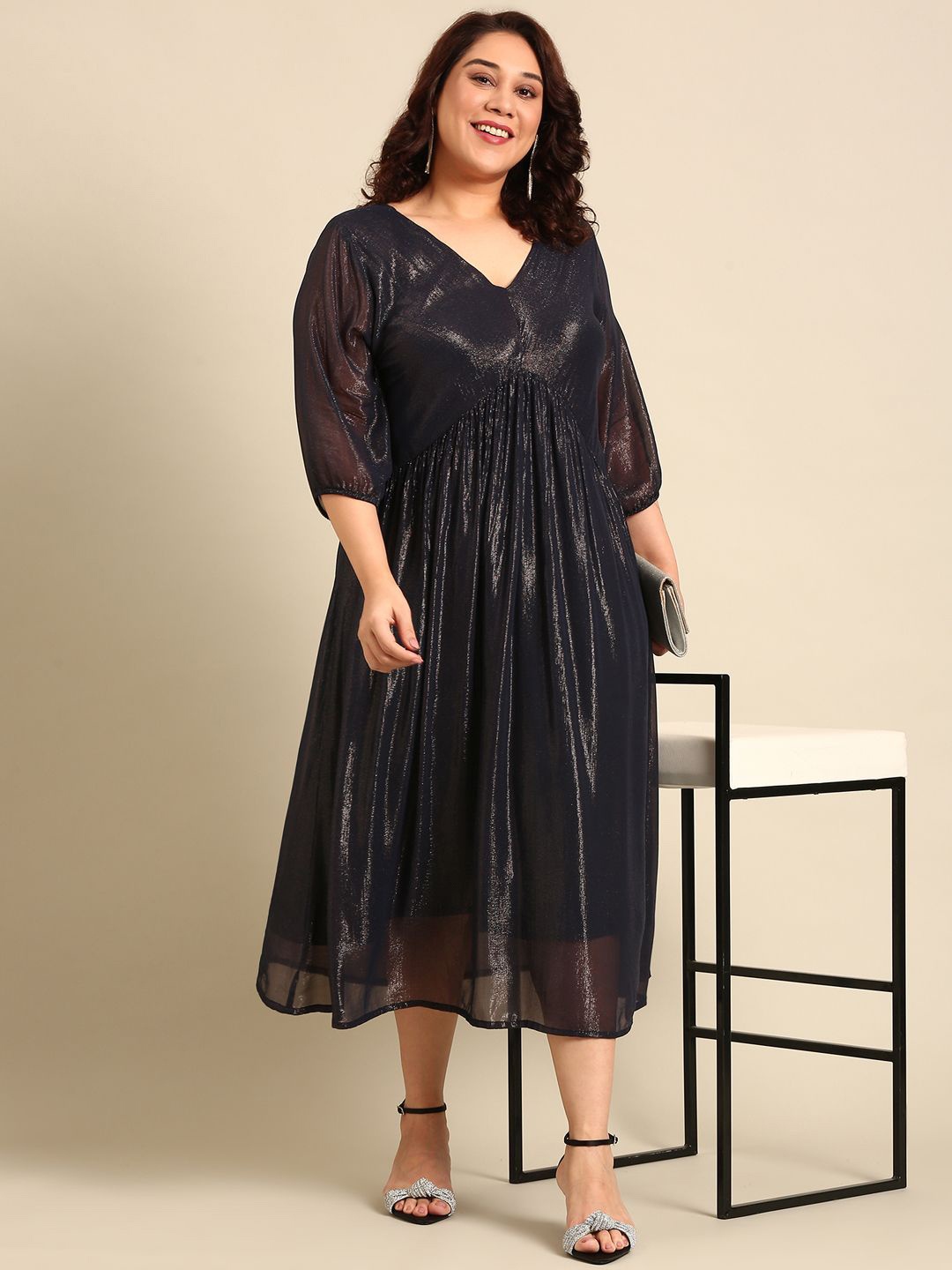 

The Pink Moon Women Navy Shine Maxi Dress, Navy blue