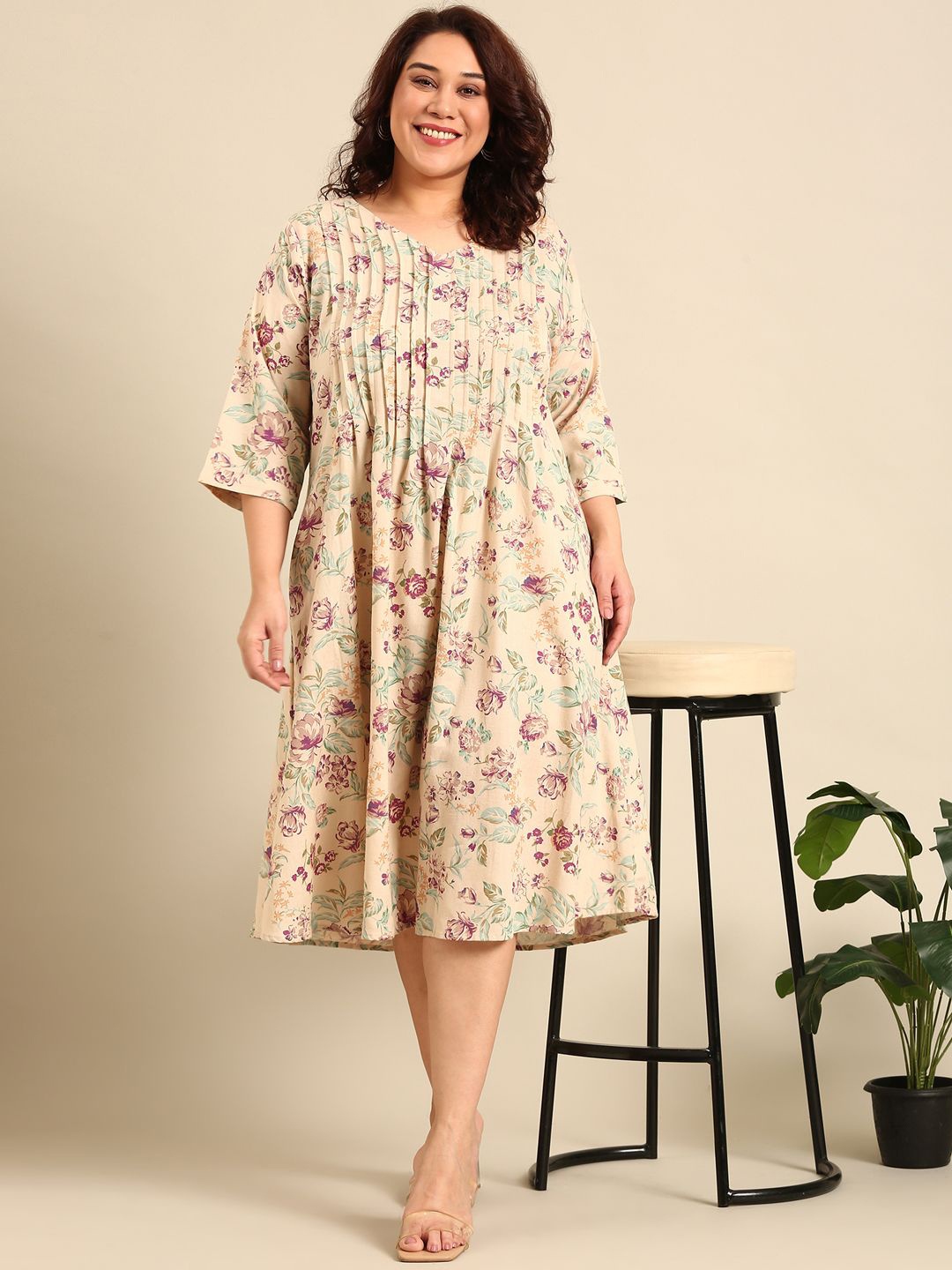 

The Pink Moon Women Floral Printed Pintuk A - Line Midi Dress, Beige