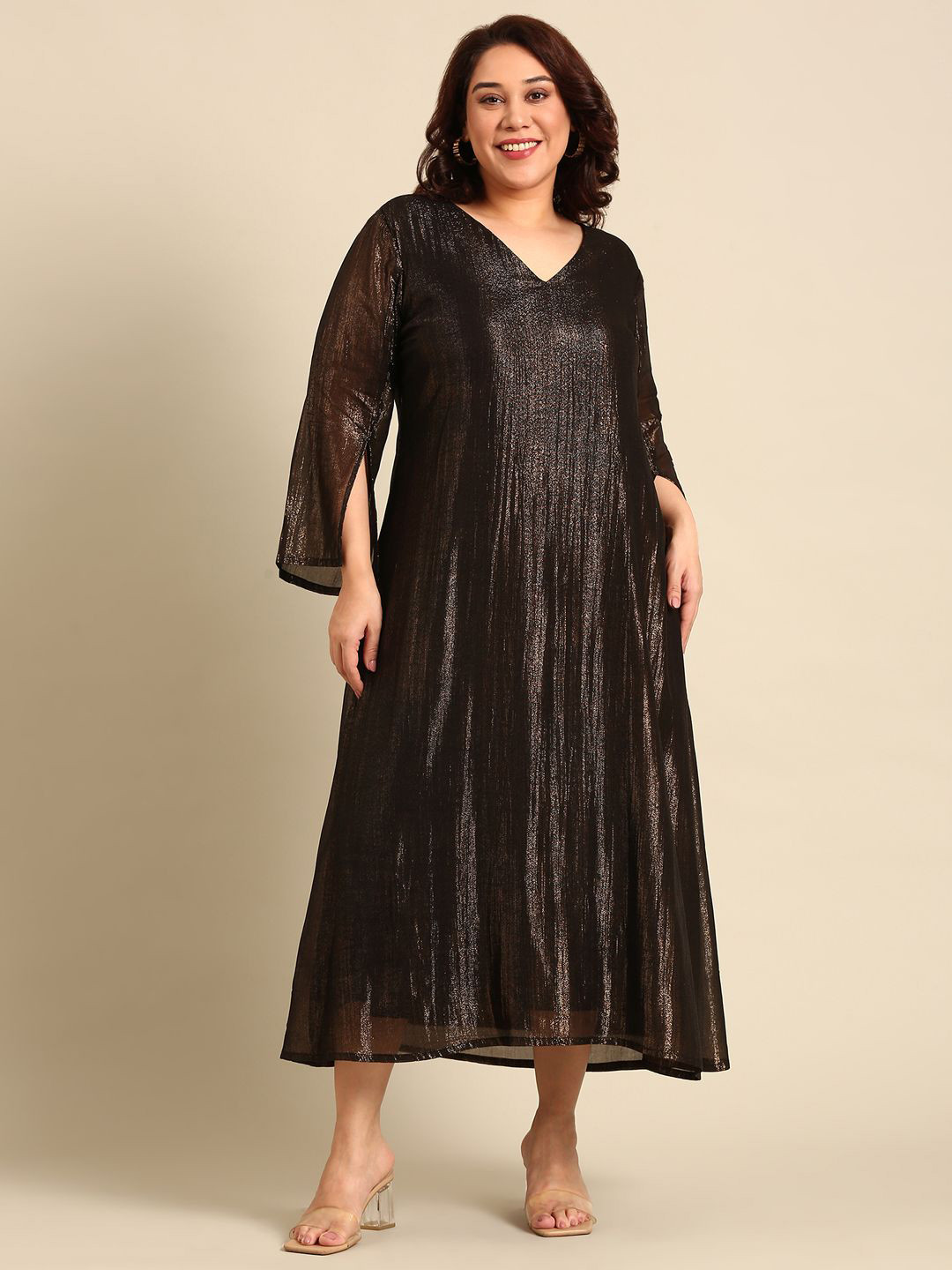 

The Pink Moon Plus Size Gold Shine A-line Dress, Black