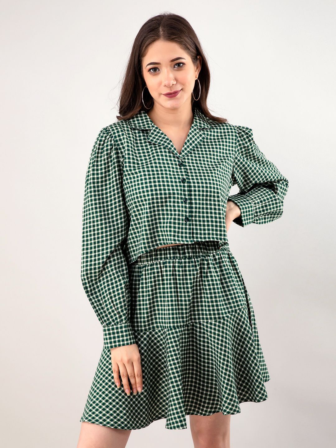 

PRETTY LOVING THING Women Checked Puff Sleeve Shirt Dress, Green