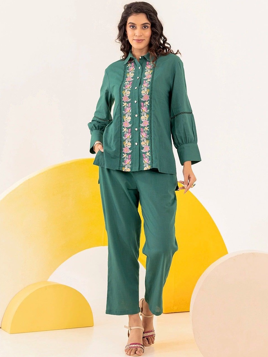 

MISRI Embroidered Pure Cotton Shirt with Trouser, Green