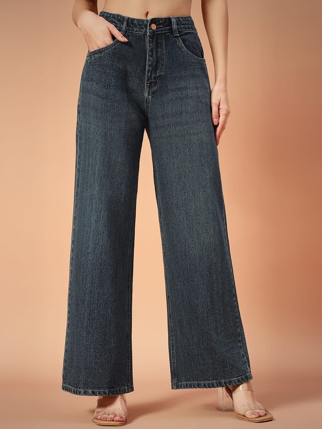

FASHIONFIBRE Women Cotton Comfort Wide Leg High-Rise Light Fade Jeans, Green