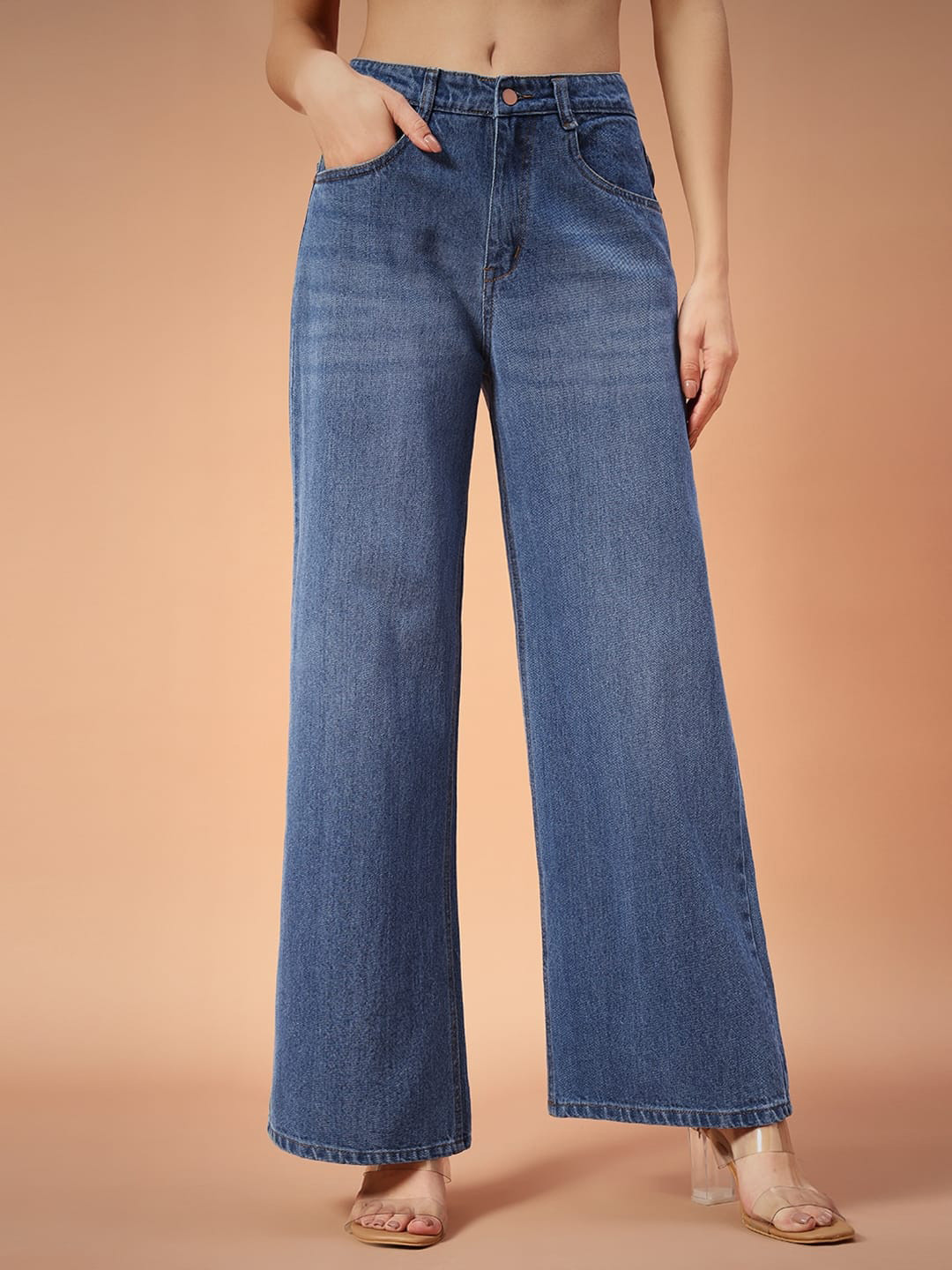 

FASHIONFIBRE Women Cotton Comfort Wide Leg High-Rise Light Fade Jeans, Blue