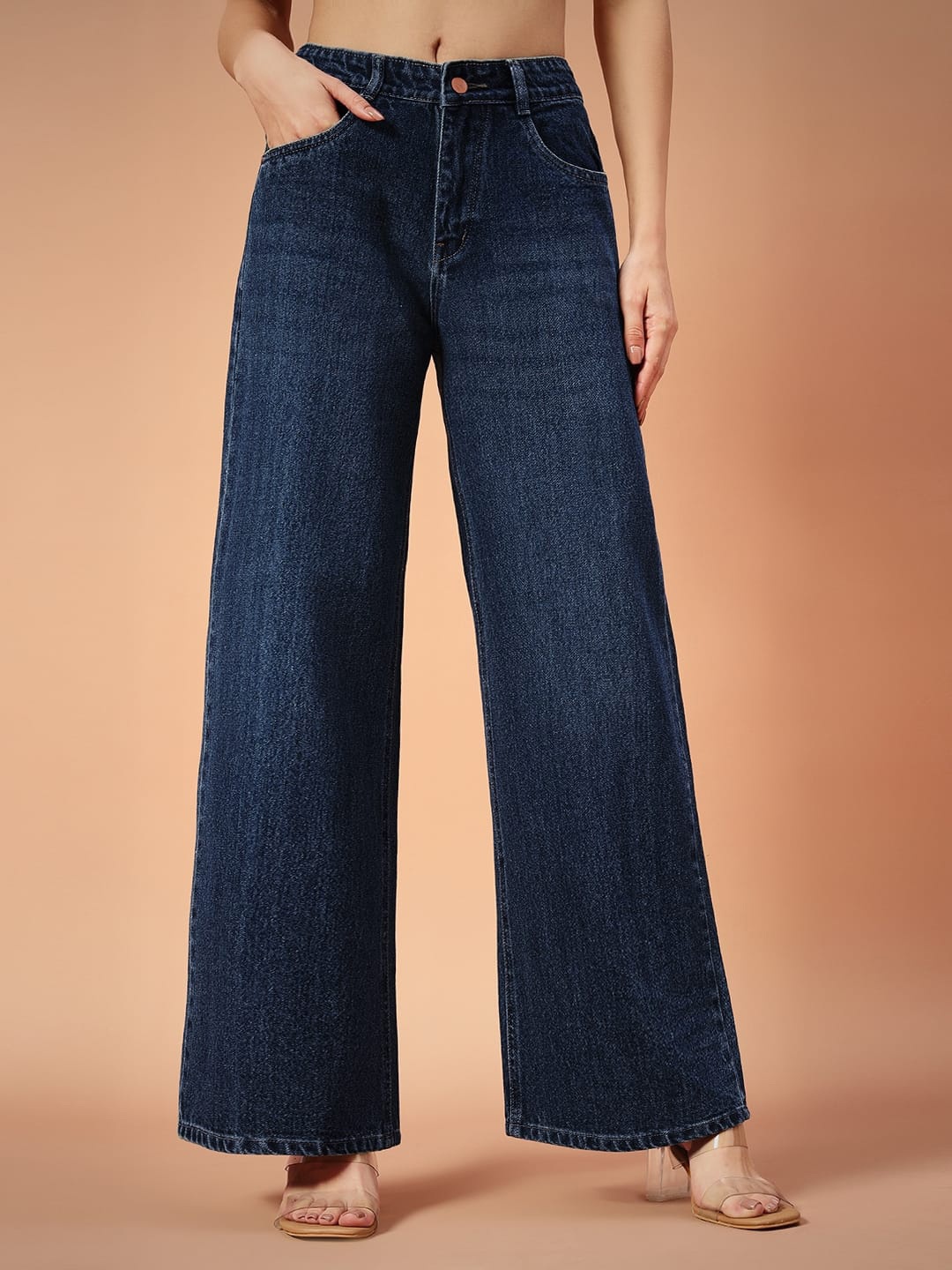

FASHIONFIBRE Women Cotton Comfort Wide Leg High-Rise Light Fade Jeans, Blue