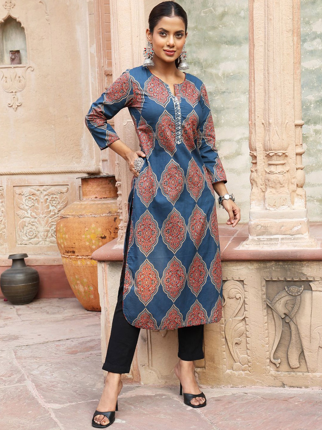 

GULMOHAR JAIPUR Geometric Printed Sequinned Cotton Straight Kurta, Blue