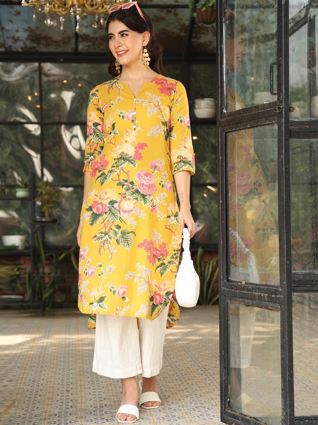 GULMOHAR JAIPUR Floral Printed Pure Cotton Straight Kurta, Yellow