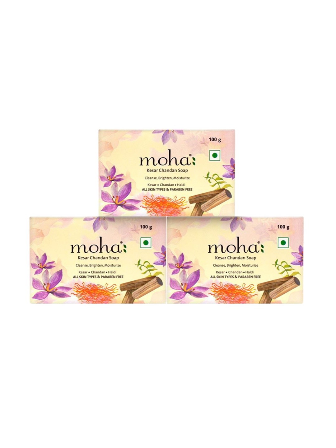 

moha Set Of 3 Kesar Chandan Antibacterial Anti-Inflammatory Herbal Soap- 100 g Each, Cream