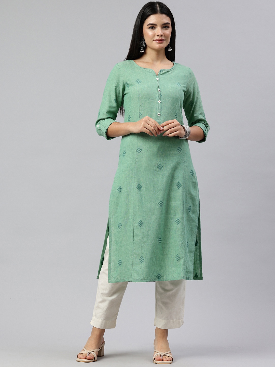 

Alena Woven Designed Straight Kurta, Green