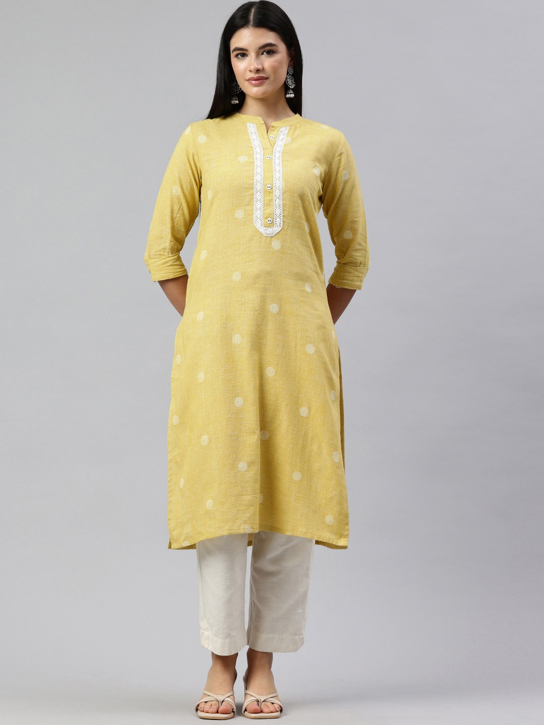 

Alena Woven Designed Straight Kurta, Yellow