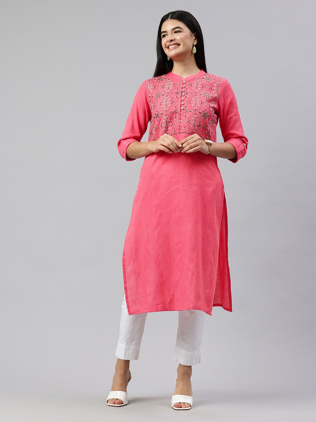 

Alena Ethnic Motifs Embroidered Thread Work A-Line Kurta, Pink