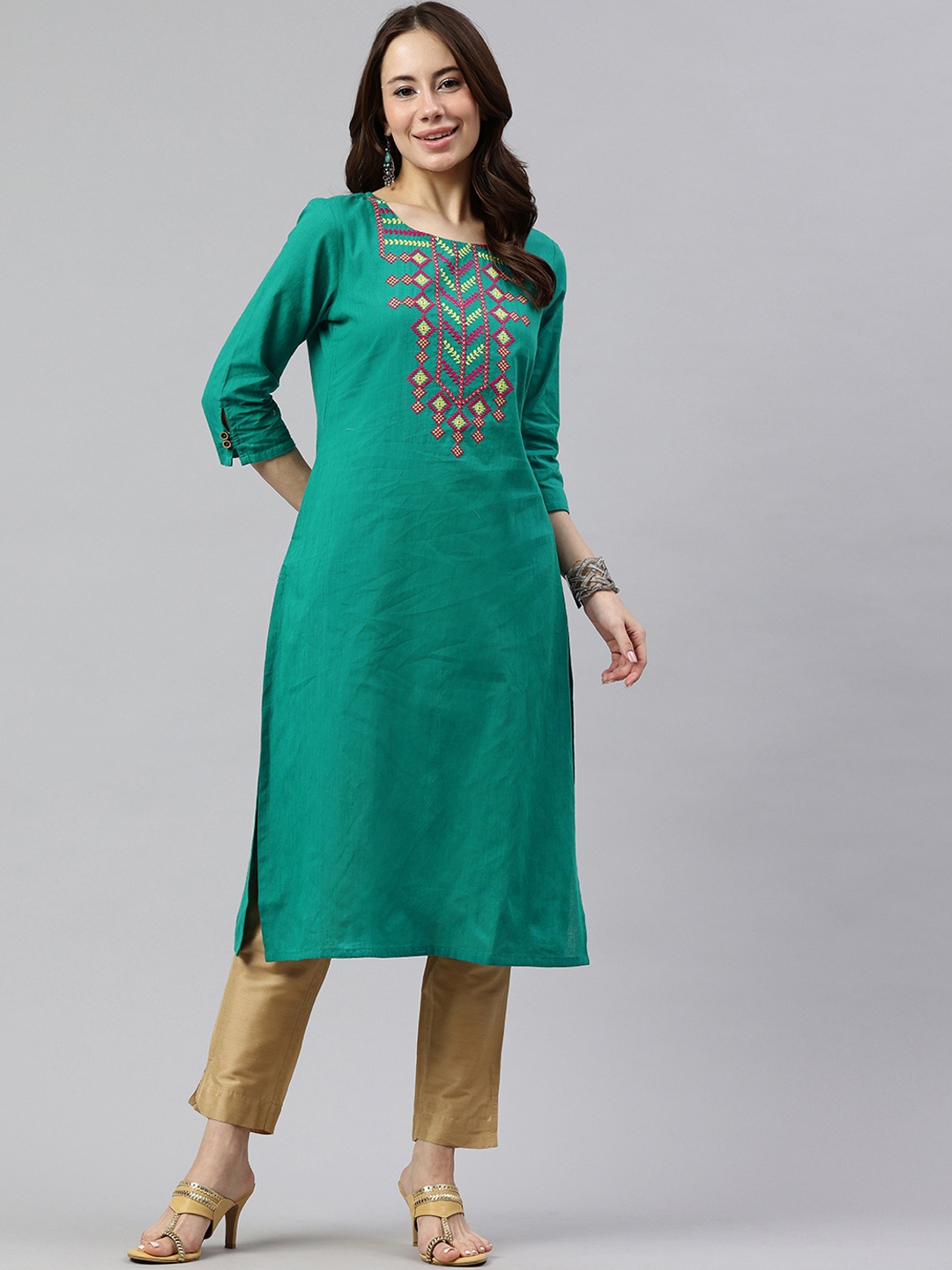 

Alena Ethnic Motifs Embroidered Straight Kurta, Green